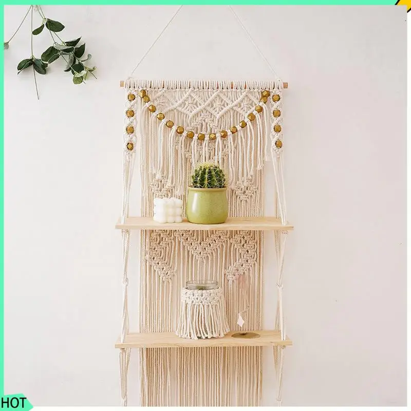 

AWAH 2X Macrame Wall Hanging 3-Tier Floating Wall Shelves For Bedroom,Nursery, Boho Wall Decor Shelves For Plant Pot