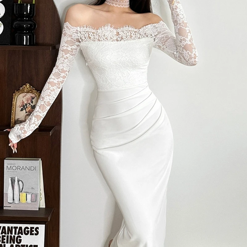 Renda preta fora do ombro vestido de manga longa feminino primavera outono nova emenda saia longa bodycon cintura cinch sexy festa de aniversário