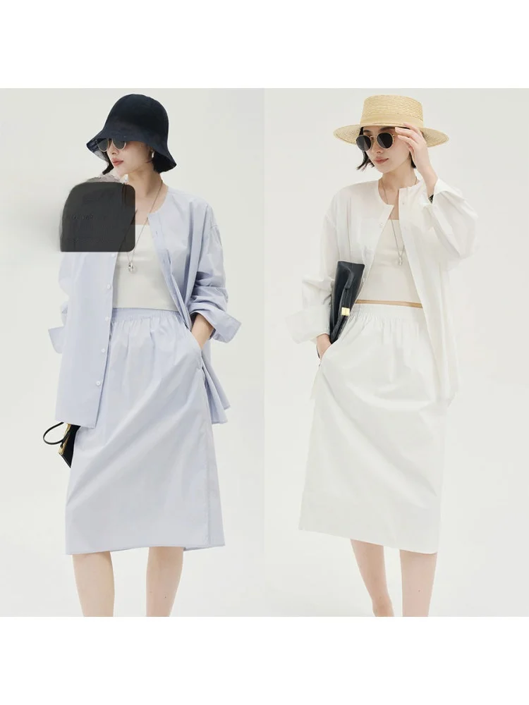 

Amyy Studios High Densi High Twist Cotton Blend Pearl Button Collarl Silhouette irt Skirt Set Women's Faion Sp...