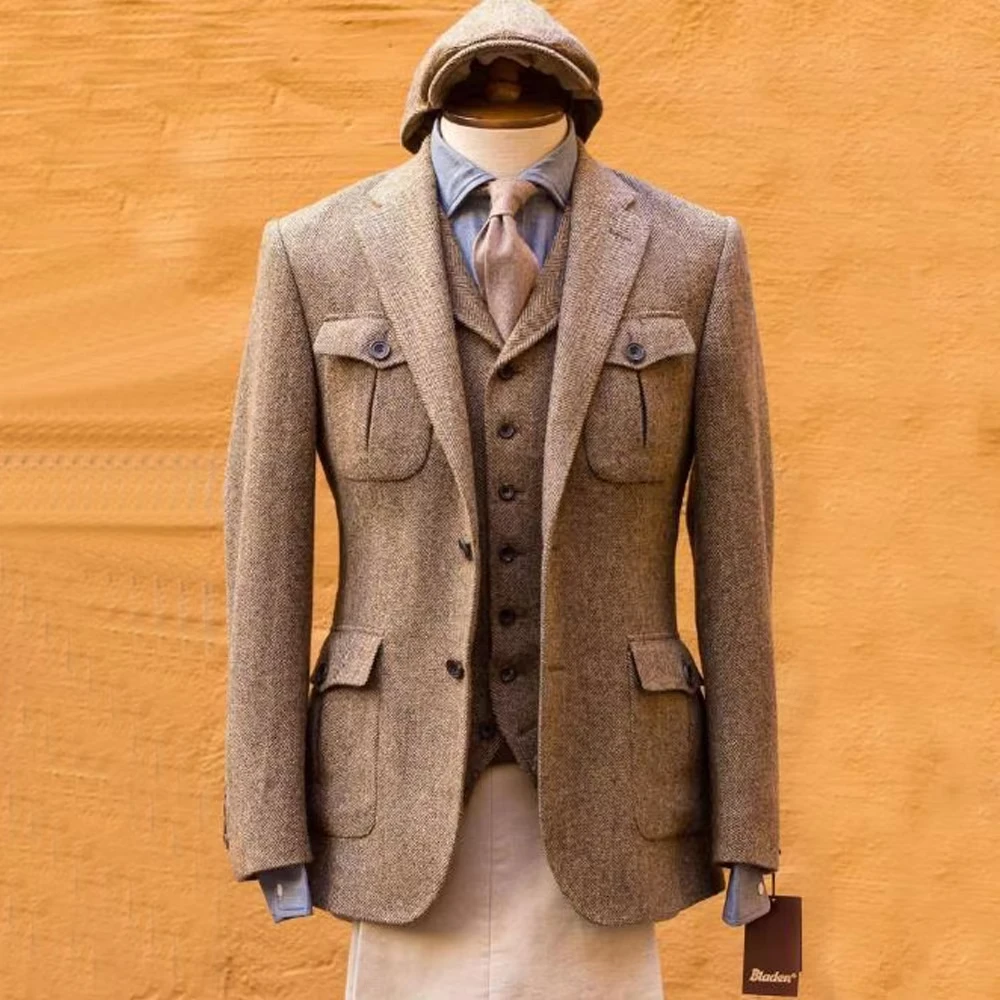 

Men's Herringbone Blazers Single Breasted Sport Coats Best Wedding Groom Suit High Quality Elegant Jackets Plus Size Coat+vest