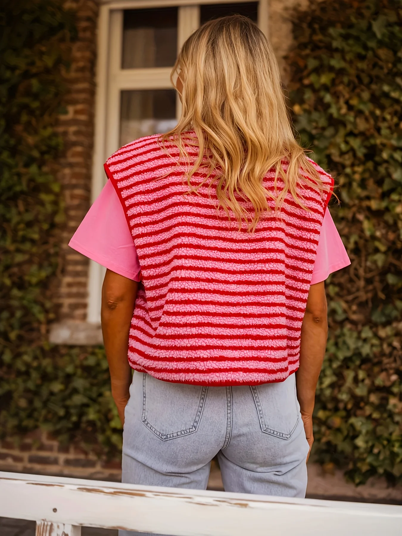 Middle Aged Women's Pink Striped Fuzzy Knit Vest Button Front Sleeveless Outerwear with Side Pockets for Casual Daily Wear