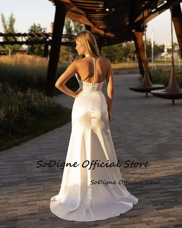 SoDigne suknie ślubne syrenka Halter bez rękawów satynowa suknia ślubna Split elegancka suknia ślubna Robe De Mairee ﻿ Dostosowane