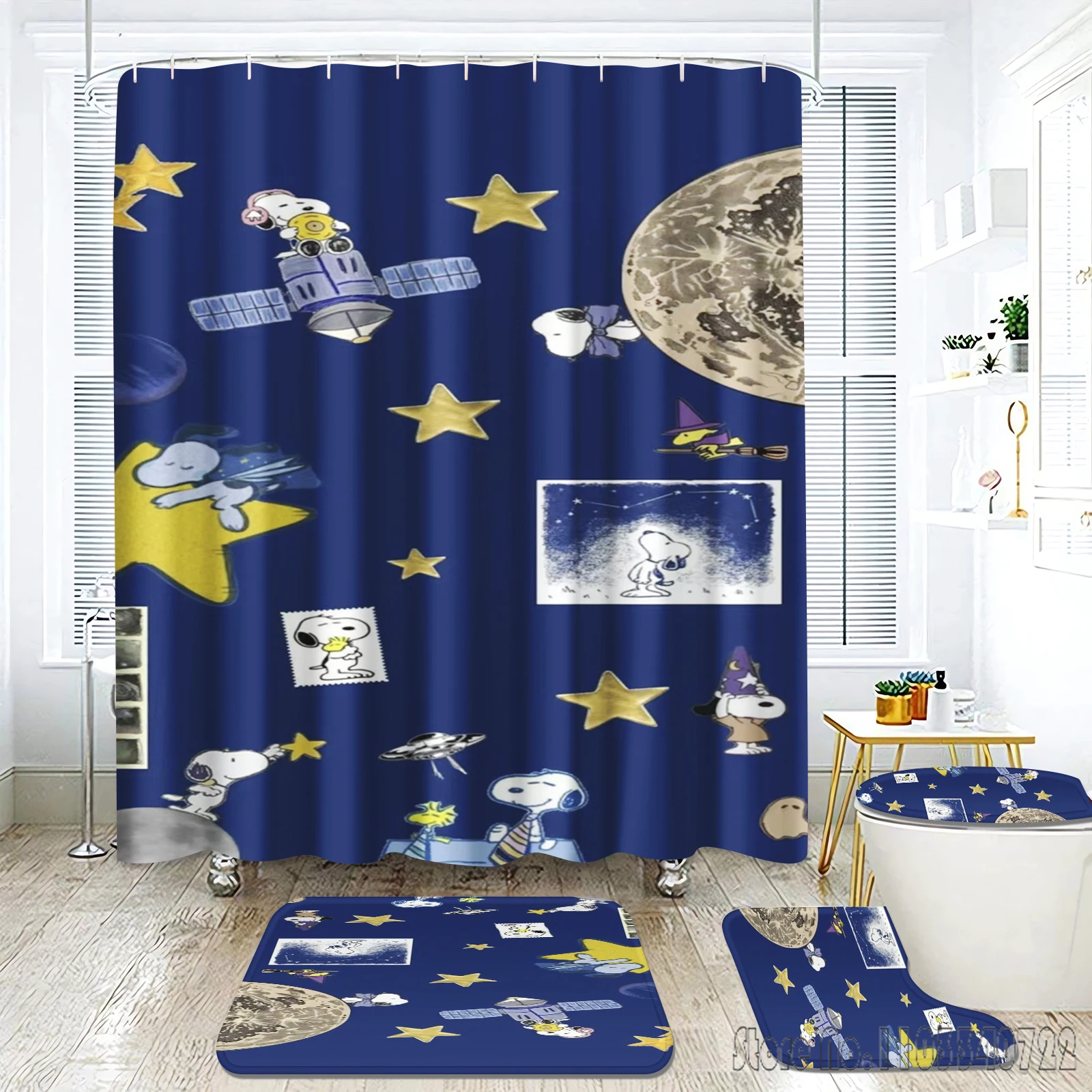 Baby Cute Snoopy Anime Bath Shower Curtain Set 4pcs with Hooks Waterproof Bathroom Toilet Mat Lid Decor