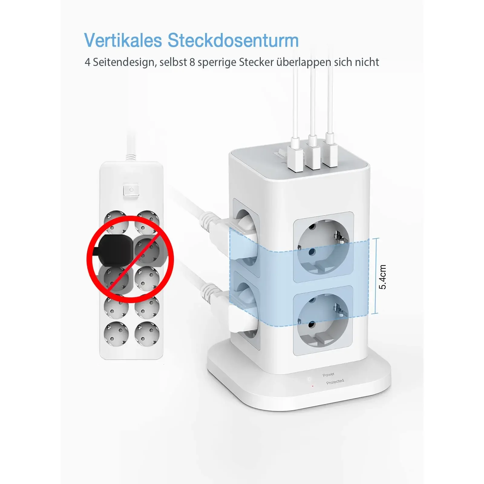 Przedłużacz TESSAN EU z 4/8 gniazdami AC z 3 portami USB i przedłużaczem 1,5 m/2 m do domowego biura