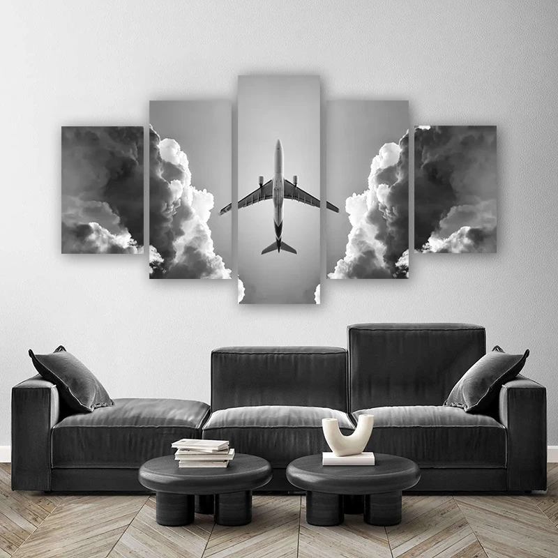 5 Panels Black And White Plane Posters Wall Art Canvas Prints Painting Picture For Living Room Modern Home Decoration No Frame