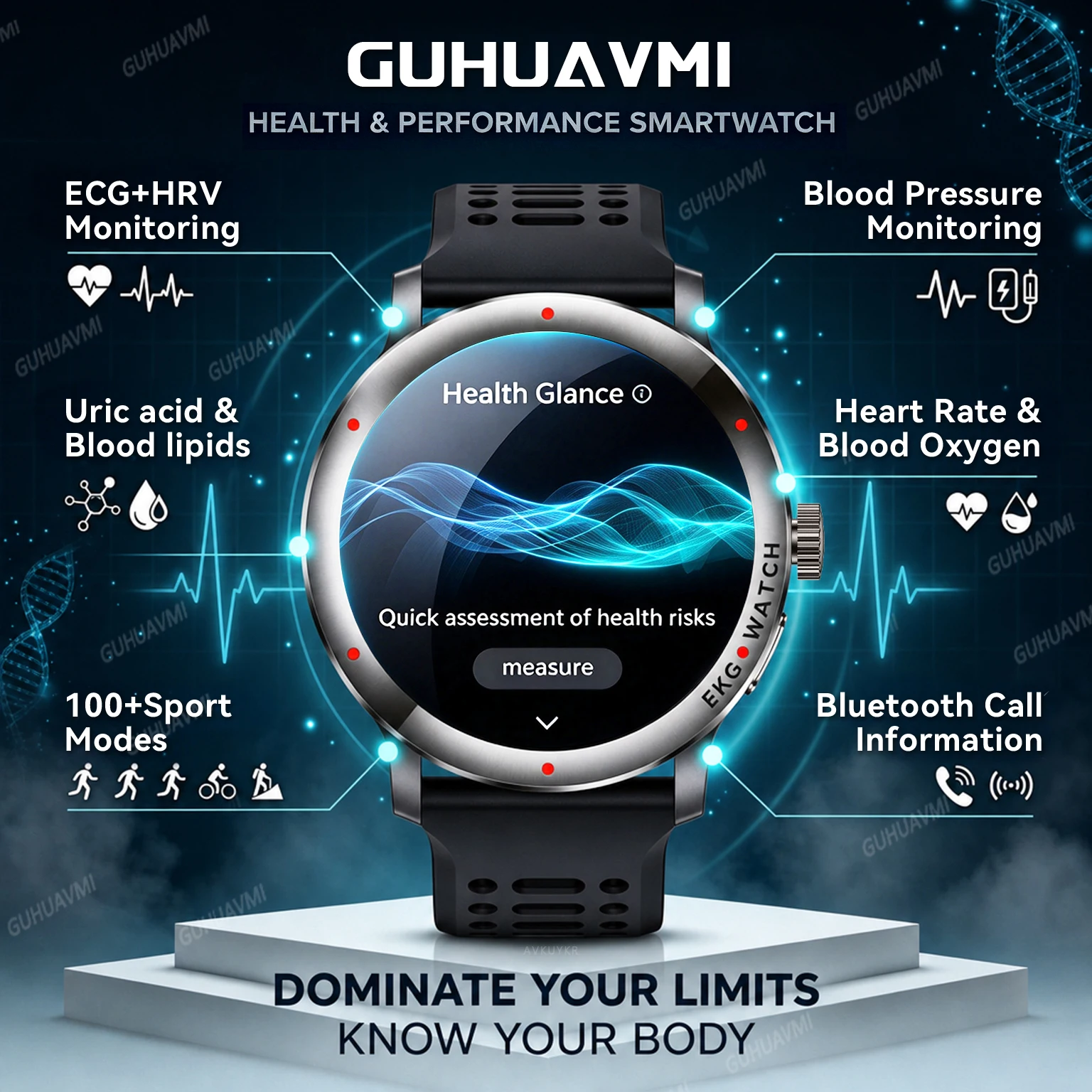 GUHUAVMI Nuring ECG+HRV Watch AI-Diagnosis With Blood Pressure,Uric Acid,Blood Oxygen,Body BMI,120+Sports,IP68K,Call Smart Watch