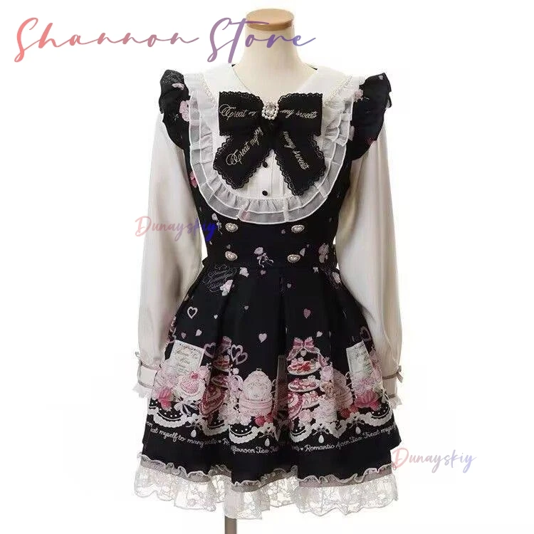 Japanese Lolita Dress Women Bow Shorts Dress Set Sweet Long Sleeve Printed Vintage Dresses Party Kawaii Cosplay Y2k Outfits - view 3