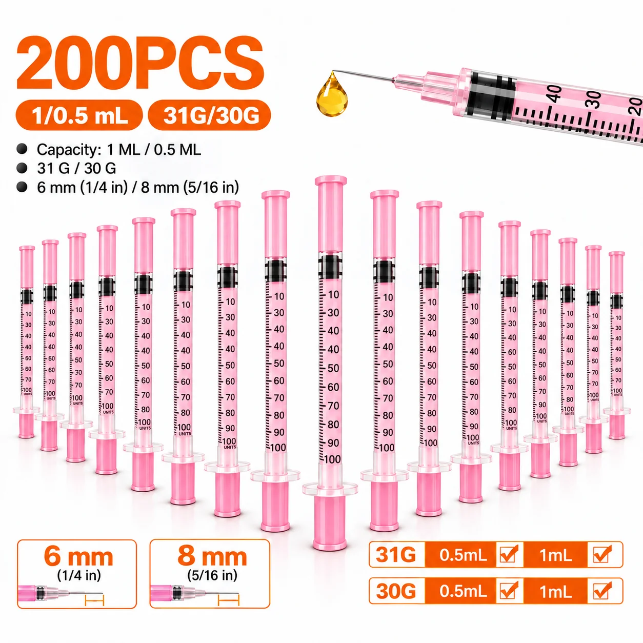 1Ml 31g/30g 8MM/6mm Pink Insulin Syringen Laboratory Syringe, Plastic Needle Individually Pack EO Gas Sterilized in Blister Pack