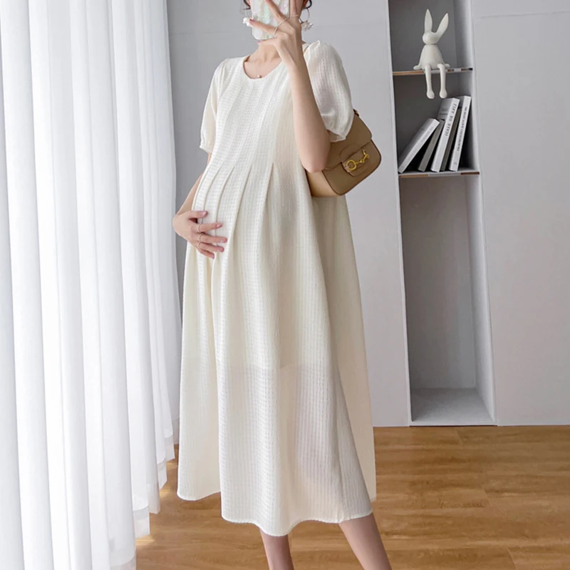 Maternity Round Neck Chiffon Loose Solid Color Maternity Dress Summer New Solid Short Sleeve Loose Pregnancy Clothes