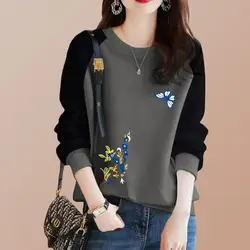 Korean Fashion Autumn Winter new Women O-Neck Printing Contrast Color Sweet Casual Long Sleeve Pullovers Loose Sweatshirts Tops