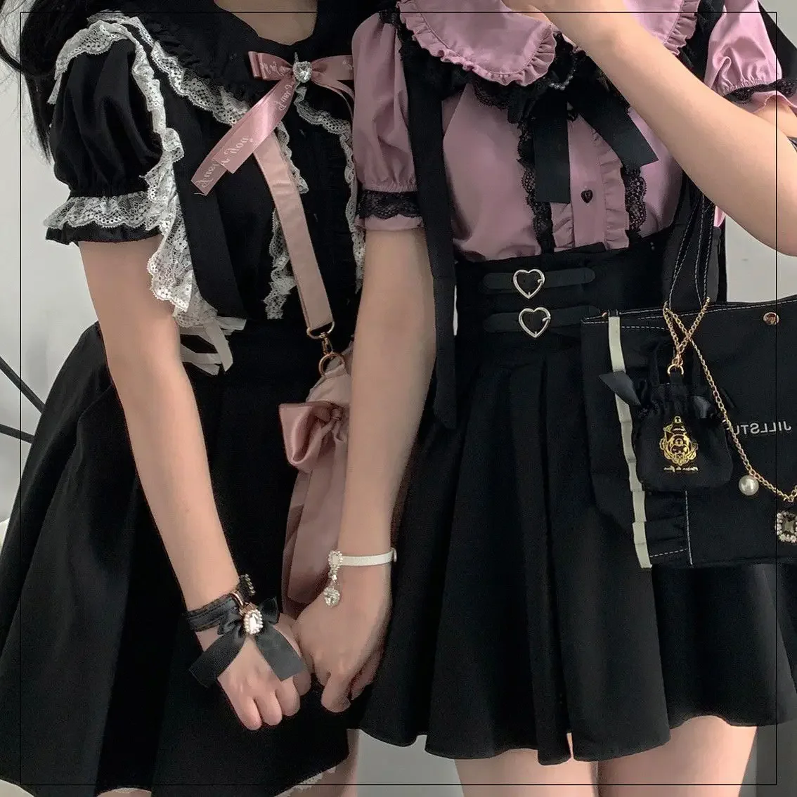 NONSAR Japanese sweet Cute Lolita Puff Sleeve Shirt Summer Y2k Lace Heart Button Kawaii Bow Short Blouse New Women Princess Tops