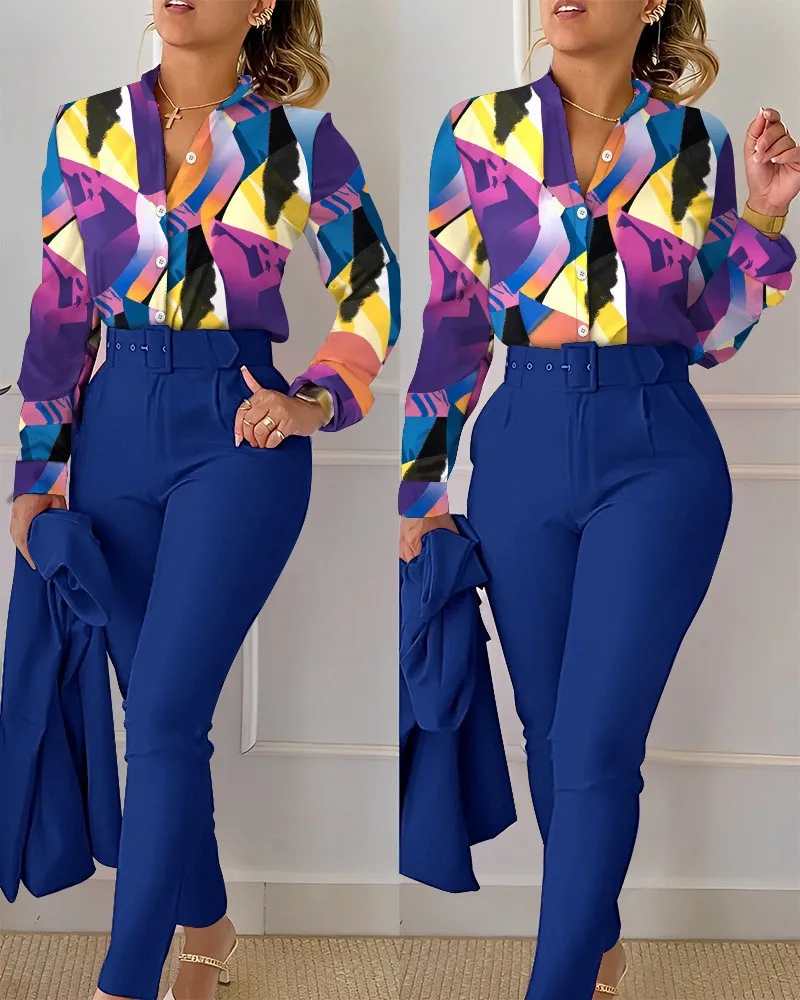 

Summer Women's Set Fashion and Elegant Office Slim Fit Printed Standing Collar Long Sleeve Shirt Top Solid Color Pants Belt Set