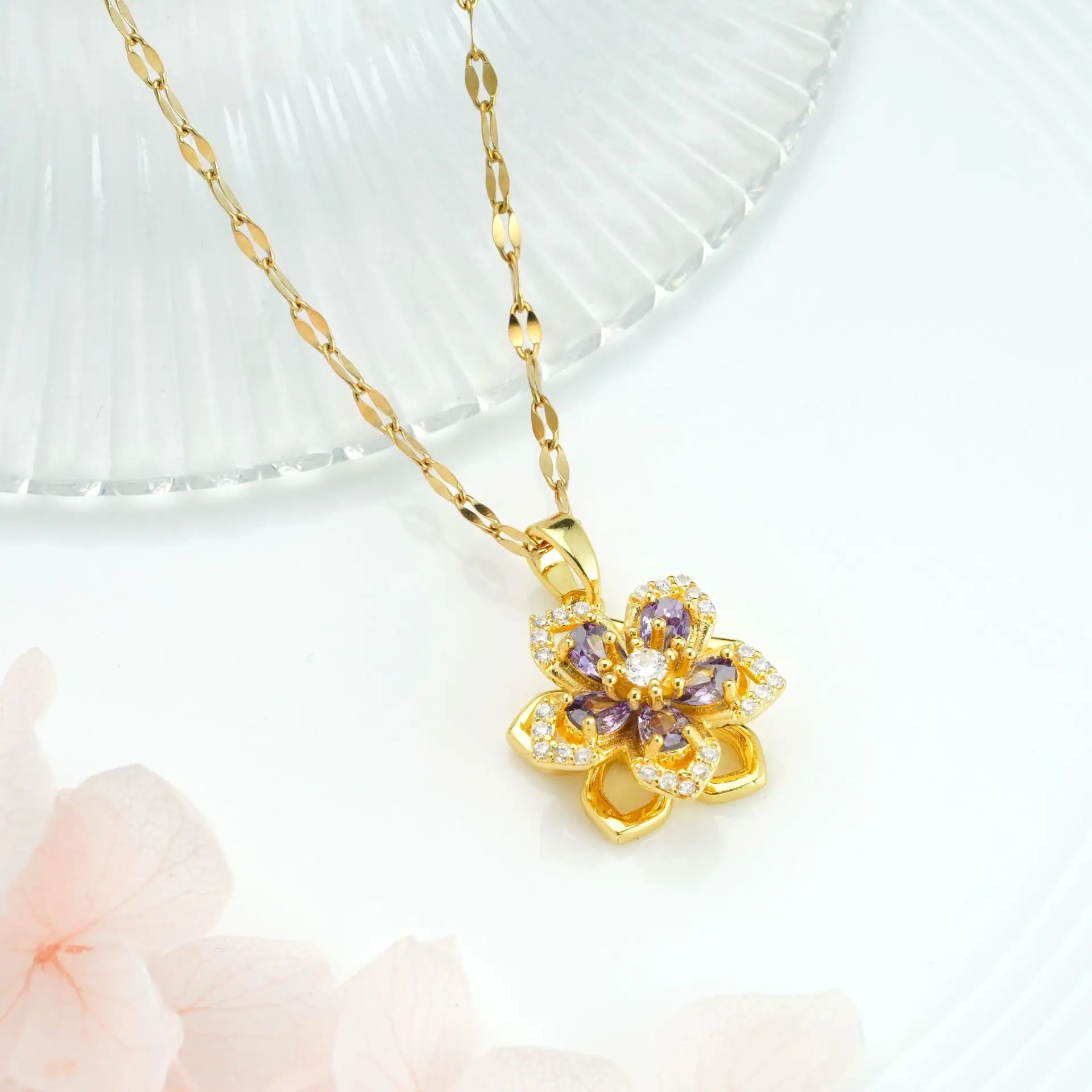 Stainless Steel Chain Luxury Rotatable Colorful Zircon Flower Pendant Necklace for Women Lady Fashion Jewelry Accessories Gifts