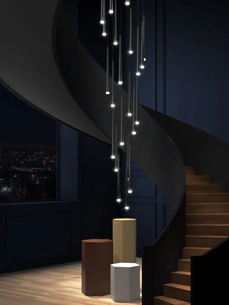 

Stair Long Chandelier Modern Minimalist Nordic Light Luxury Black Villa Living Room Dining Room Rotating Duplex Building