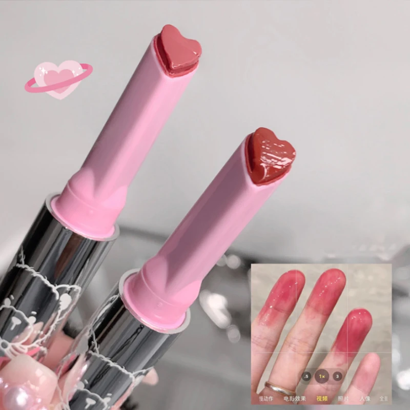 Silver Tube Solid Lip Gloss Clear Glass Texture Lip Tint Reddish Brown Natural Nude Moisturizing Heart-shaped Korean Cosmetics