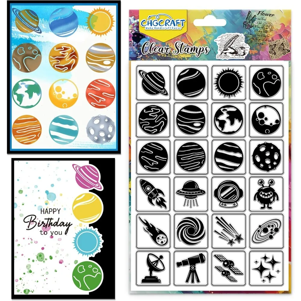 Astronomy Icons Clear Stamp Transparent Handicraft Stamps for DIY Scrapbooking Photo Album Cards Making Mixed Shapes 6.3x4.3inch