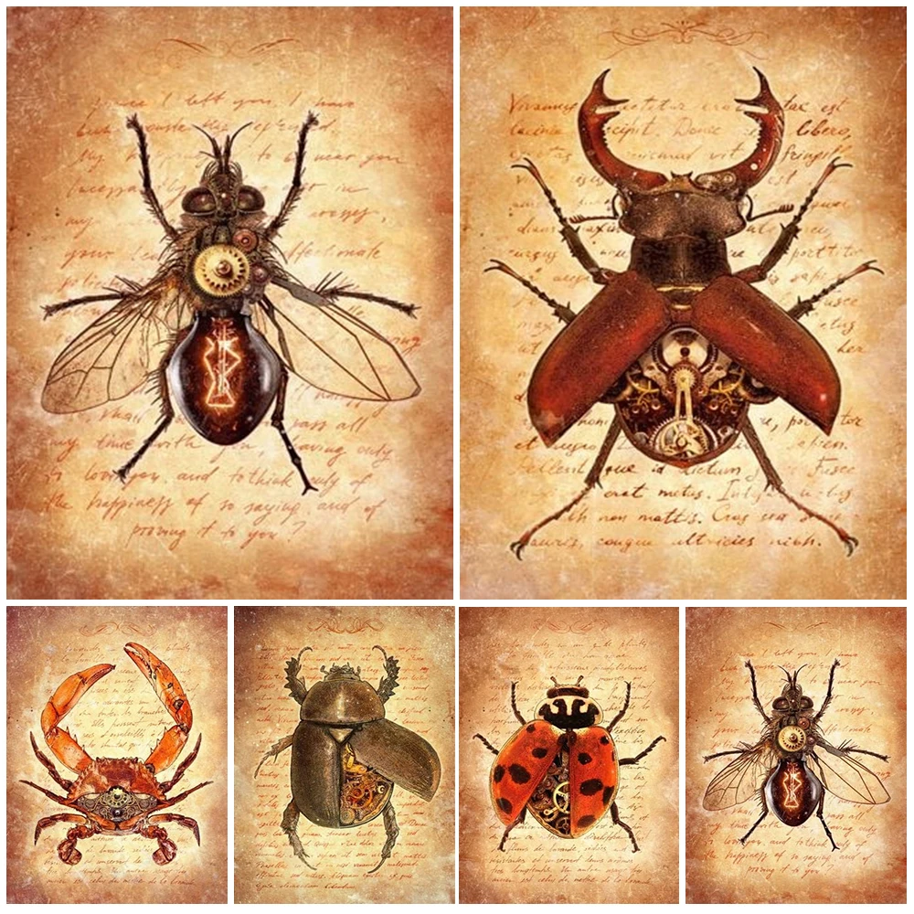 Vintage Insect Ladybug Stag Beetle Clockwork Creatures Posters Wall Art Canvas Painting Wall Pictures For Living Room Home Decor