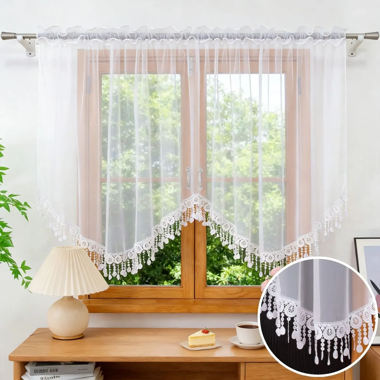 1PC White Sheer Curtain with Crystal Tassel Lace Trim, Semi-Transparent Gauze, Cozy Home Decor, Perfect Gift for Friends/Parents