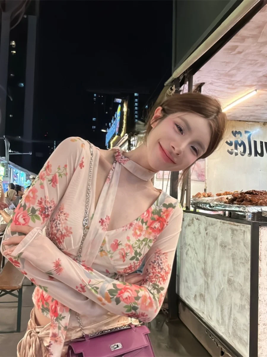 

Женский облегающий топ с длинным рукавом и цветочным принтом в стиле ретро, красивый осенний модный базовый слой