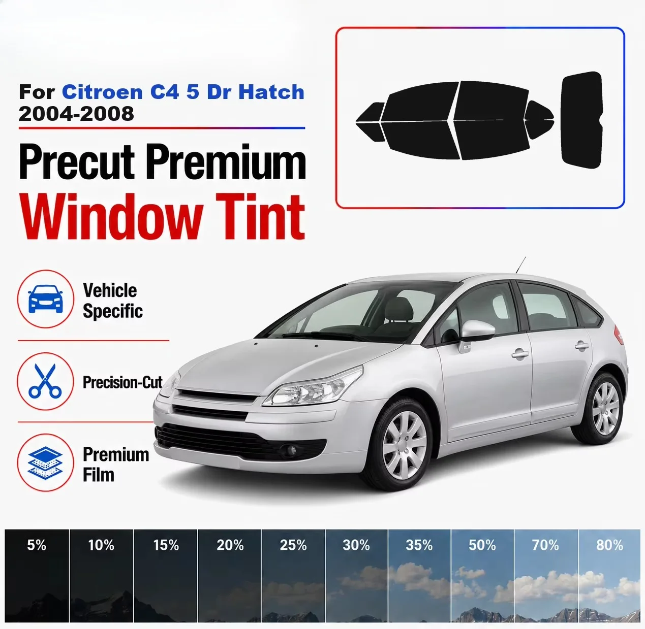 Premium Precut Window Tint Kit Front Rear Windows Rear Windshield For Citroen C4 5Dr Hatch 2004-2008 Car Solar Nano Ceramic Film
