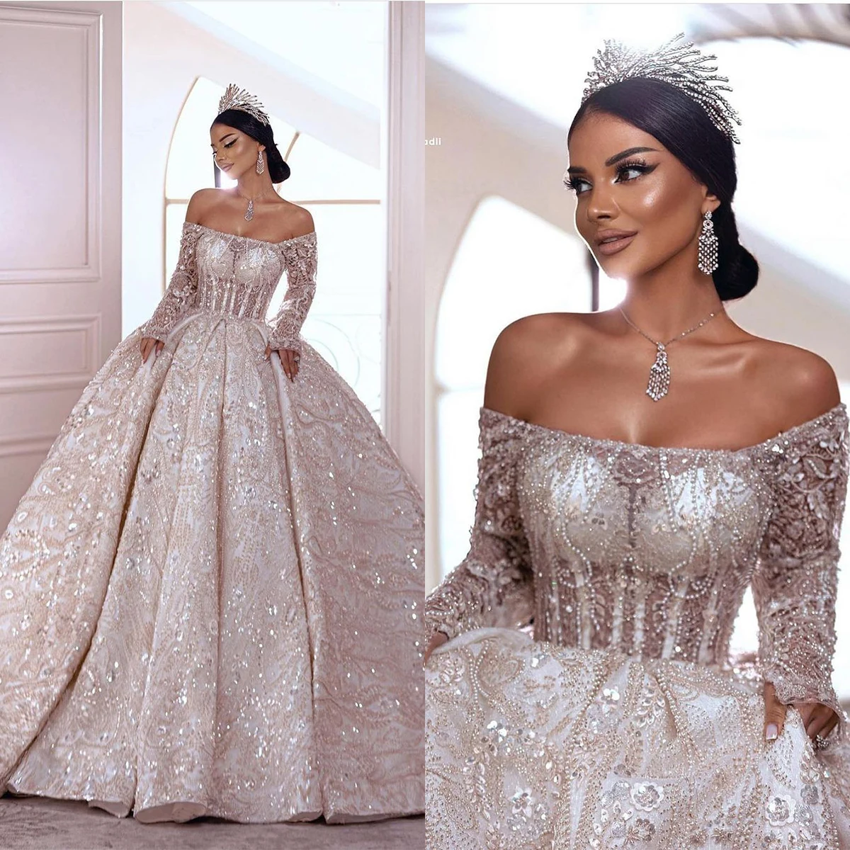 

Luxury Ball Gown Wedding Dresses Boat Neck Beads Sequins Appliques Bridal Chapel Train Backless Zipper Customized Robe De Mariée