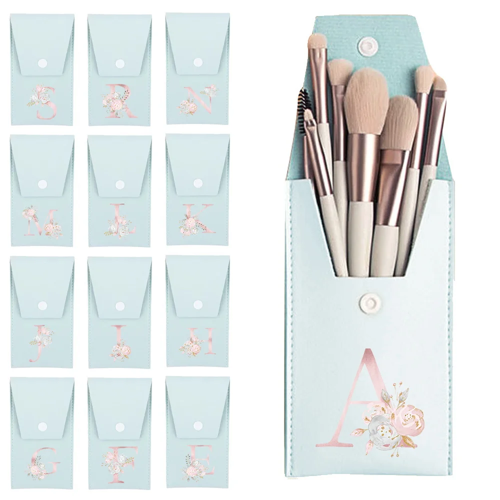 

8pcs Makeup Brush Kit Multipurpose Portable Women Pu Cosmetic Bag Beauty Tools Pink flower Initial Name 26 Letter Pattern