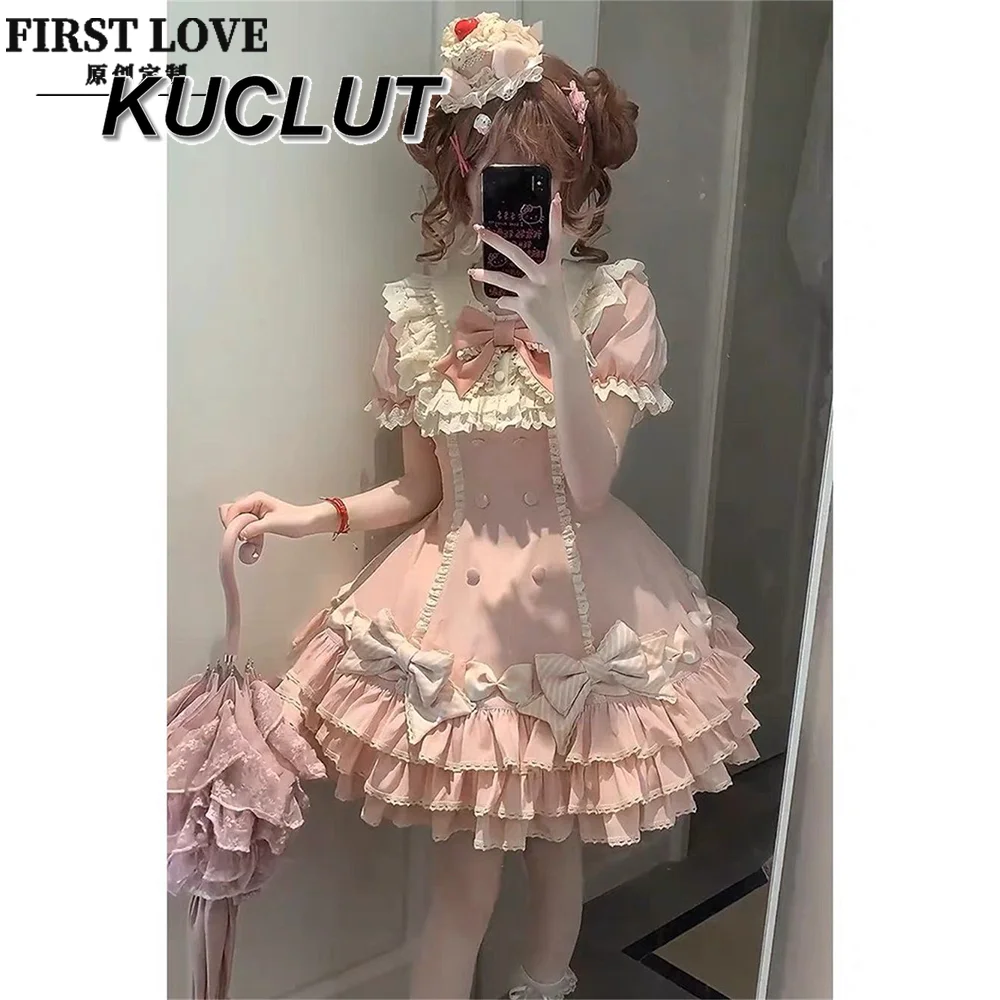 

Sweet Puff Short-sleeved Mini Dress Summer New Lolita Style Waist Thin Princess Cake Casual Fashion Elegant Dresses for Women
