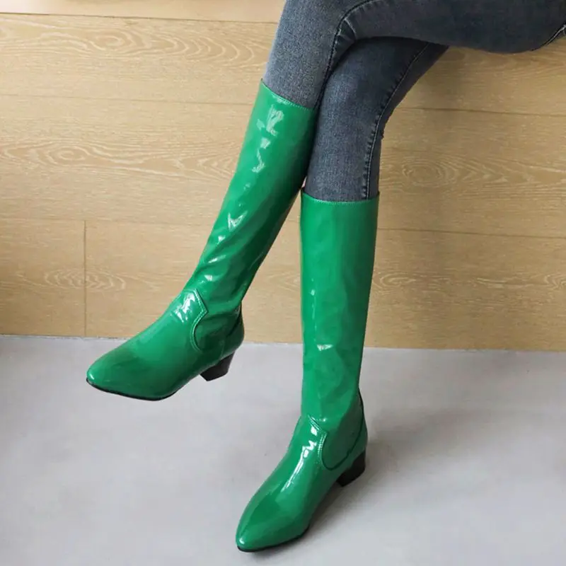 REAVE القط عادية 2026 الفاخرة لامعة النساء حذاء برقبة للركبة أشار تو 3.5 سنتيمتر منتصف الكعب الانزلاق على مثير يؤرخ بوتا حجم كبير 41 42 43