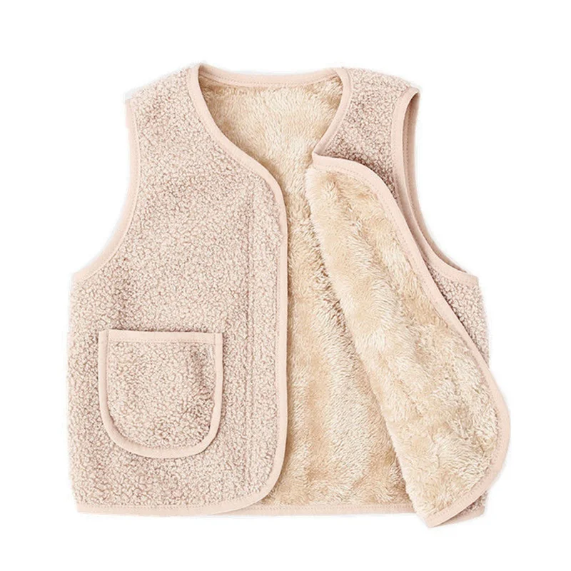 Children\'s Winter Lamb Wool Undershirt Boys Girls V-Neck Zipper Jacket Baby Warm Coat Vest 0-8 Years Old