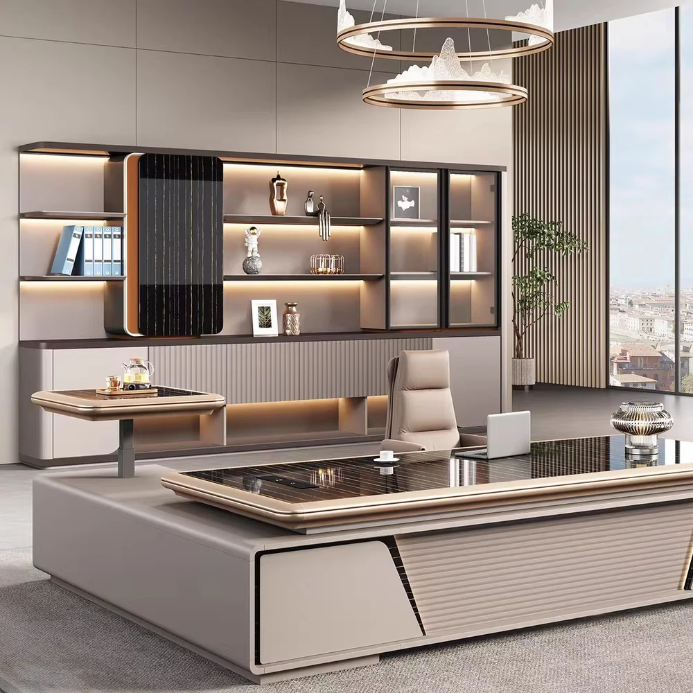 Commercial Office Furniture, Goldriches Executive Boss Computer Desk and Chair Set with Matching File Cabinet for Workplace