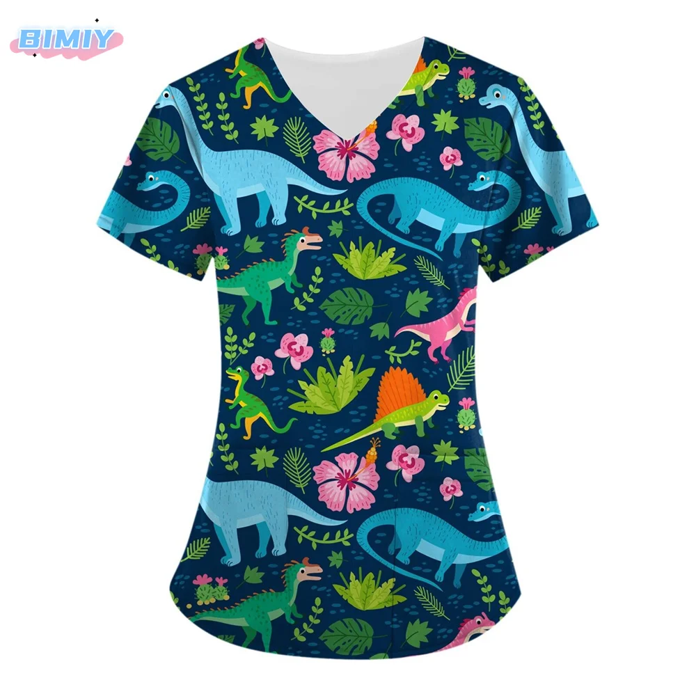 Blouse médicale à manches courtes pour femmes, vêtements de travail de clinique hospitalière, uniforme de soins infirmiers à imprimé chat, t-shirt pour infirmière