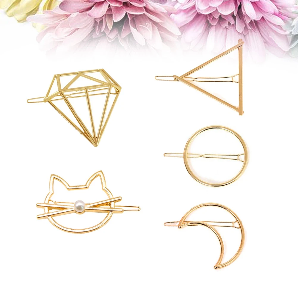 

5 pcs Alloy Minimalist Dainty Hairpin Clips Geometric Design Triangular Round Cat Barrettes Wedding Party Accessories Hairstyle
