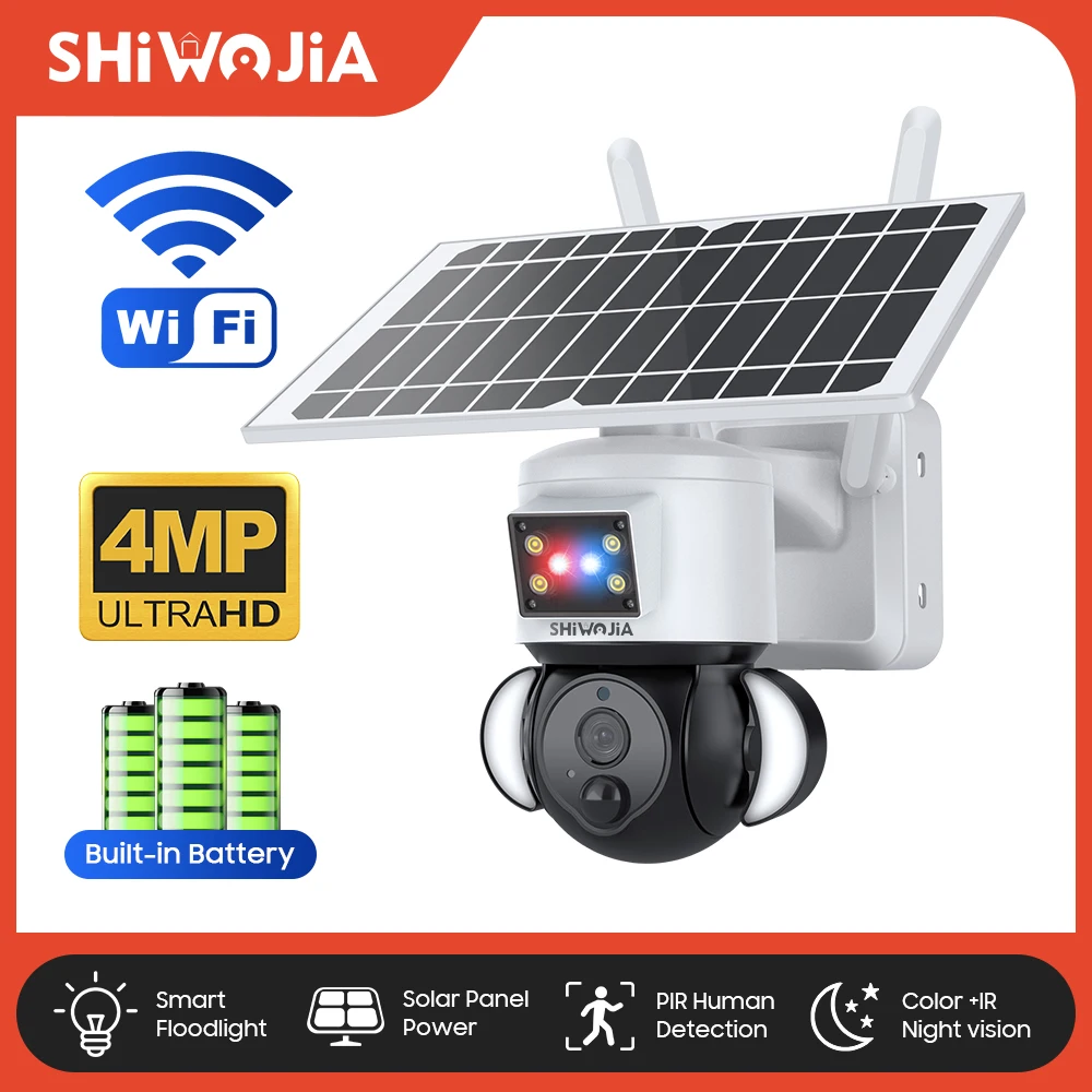 

SHIWOJIA Solar Camera Wifi Wireless Security Outdoor 4MP AI Human Detectio PTZ Solar Battery CCTV 21700mA Red-Blue Light Alarm