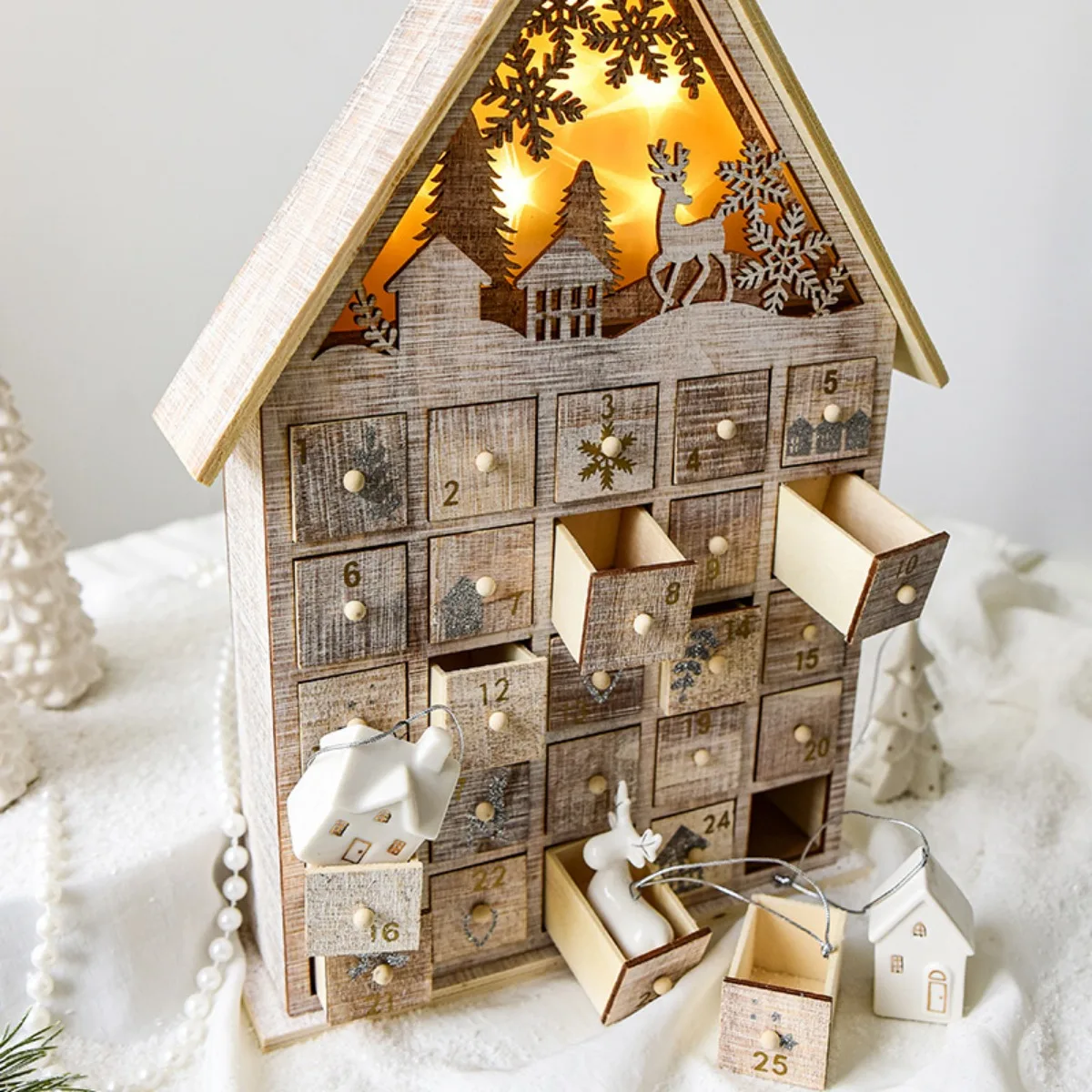 Christmas Tree House Wooden Advent Basel Calendar House Countdown Xmas Party Holiday Decor 25 Storage Drawers with LED Light