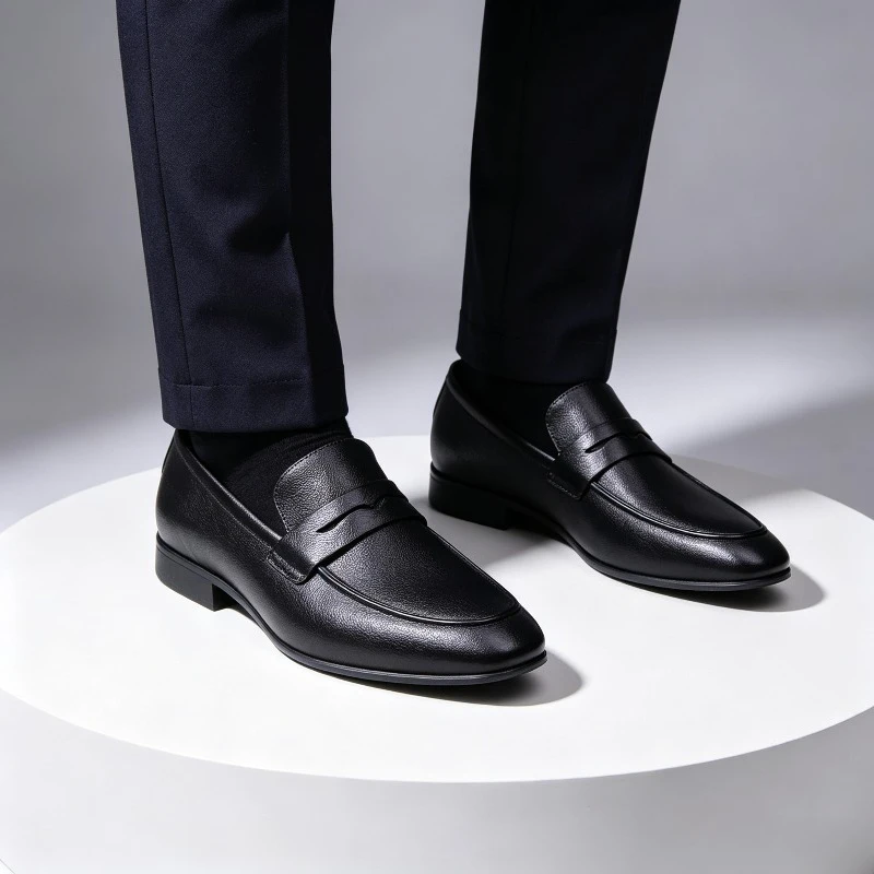 Men's Black Penny Loafers Genuine Leather Slip on Dress Shoes, Classic Point Toe Business Office Wedding Formal Footwear Comfort