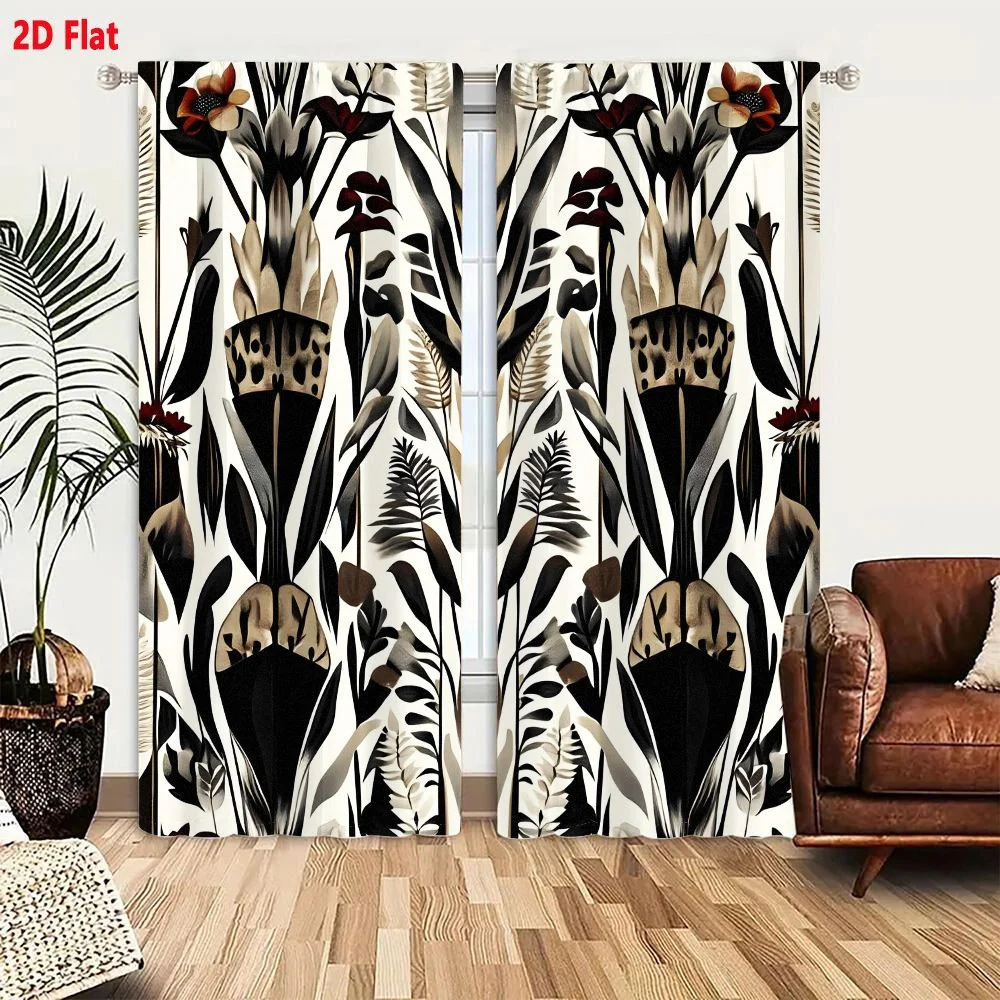 2Pcs Curtains Stylized Botanical Pattern In Black Beige And Burgundy On Off White Background Window Drapes for Bedroom Room Deco