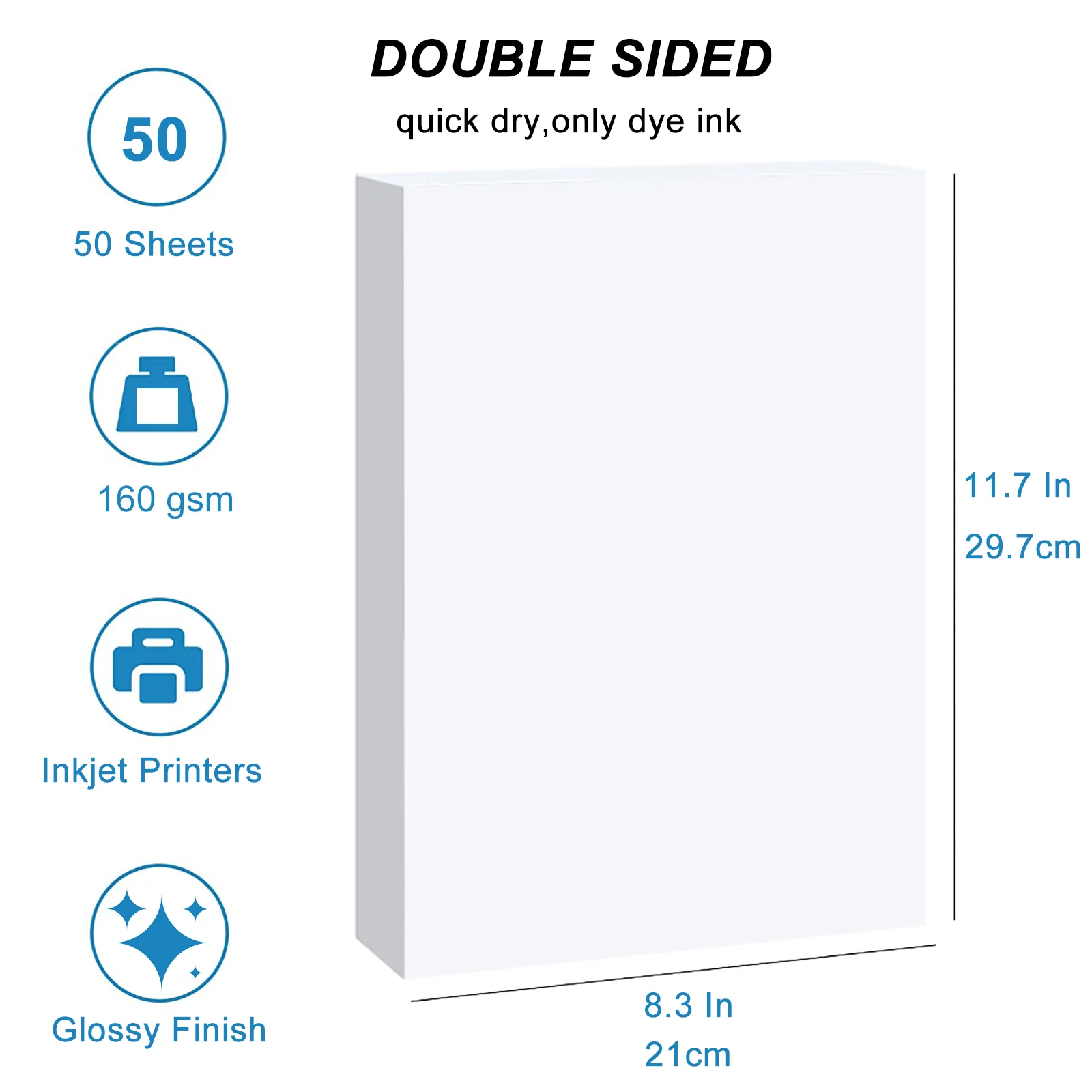A4 Double Sided Glossy Photo Paper, 50 Sheets 160gsm Thick Paper, Compatible with Inkjet Printers Only for Photos & Projects