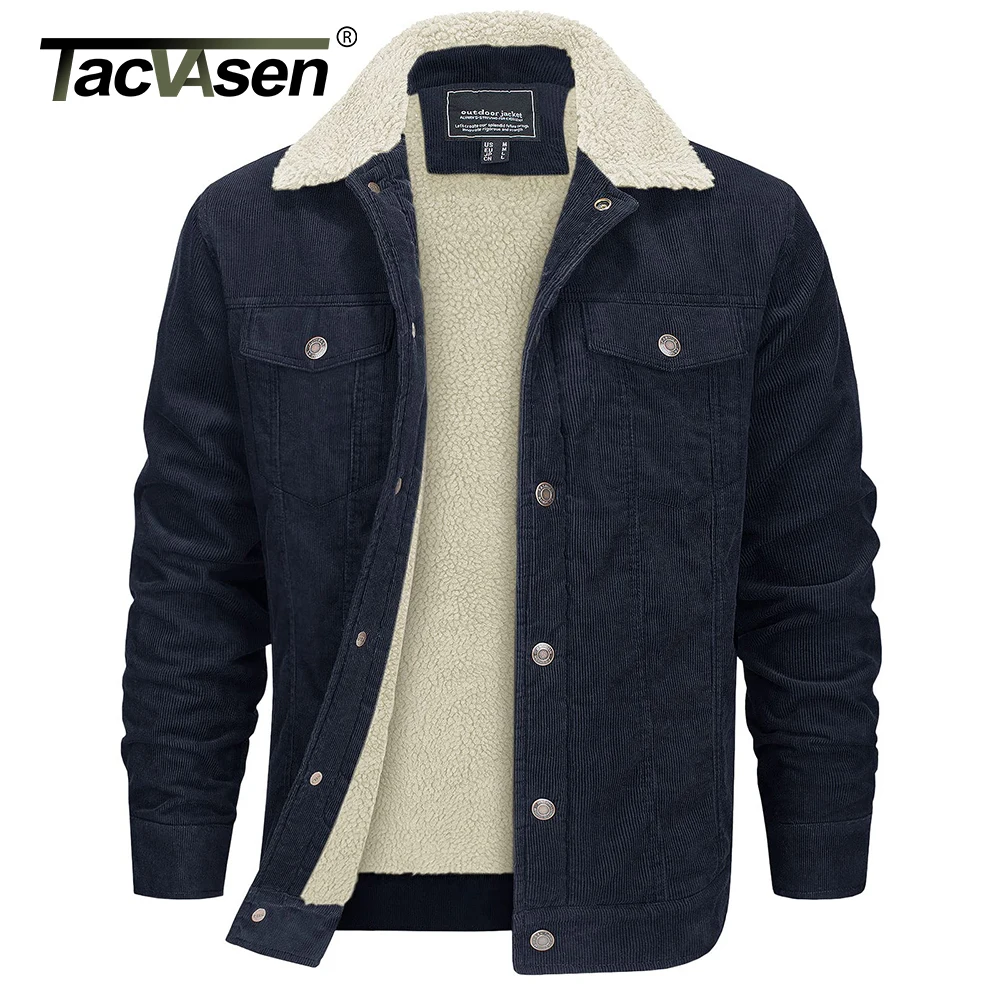 TACVASEN Men's Corduroy Jacket Soft Warmth Sherpa Fleece Lining Turn-down Collar Coat Winter Trucker Cargo Workwear Multi-Pocket