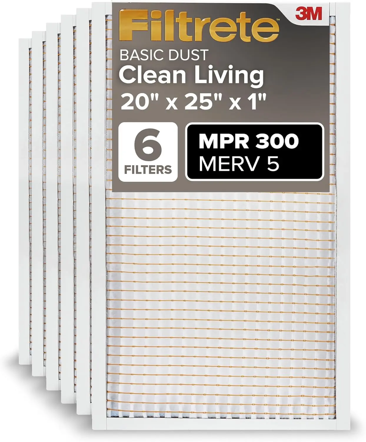 

20x25x1 Air Filter MERV 5, 6-Pack for Home HVAC, Removes Dust & Lint, 3-Month Pleated Electrostatic