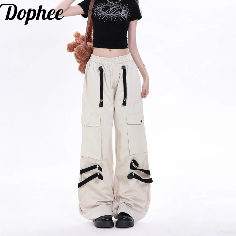 

Dophee Casual Women Bib Overall American High Street Multi Pockets Detachable Webbing Elastic Waist Loose Wide Leg Pants