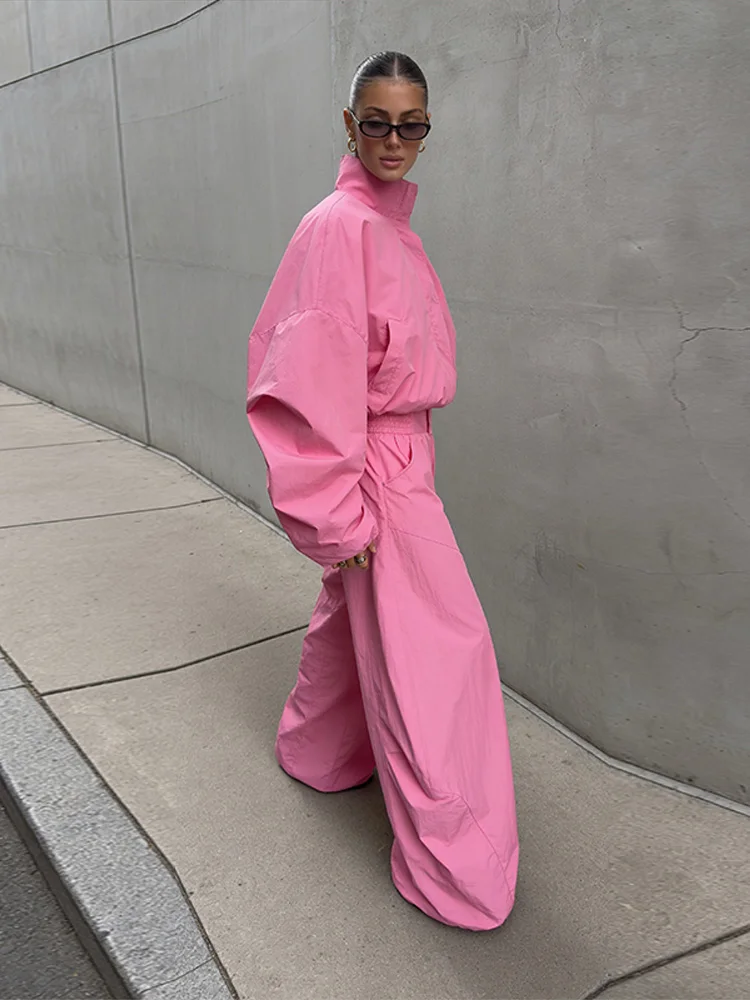 Stehkragen Langarm Oversize-Oberteil und Hosen-Set für Damen, Streetwear mit Taschen, Lockere Mäntel, Hosen mit Elastischem Bund, Schickes Damen-Outfit, Neu – Detail 4