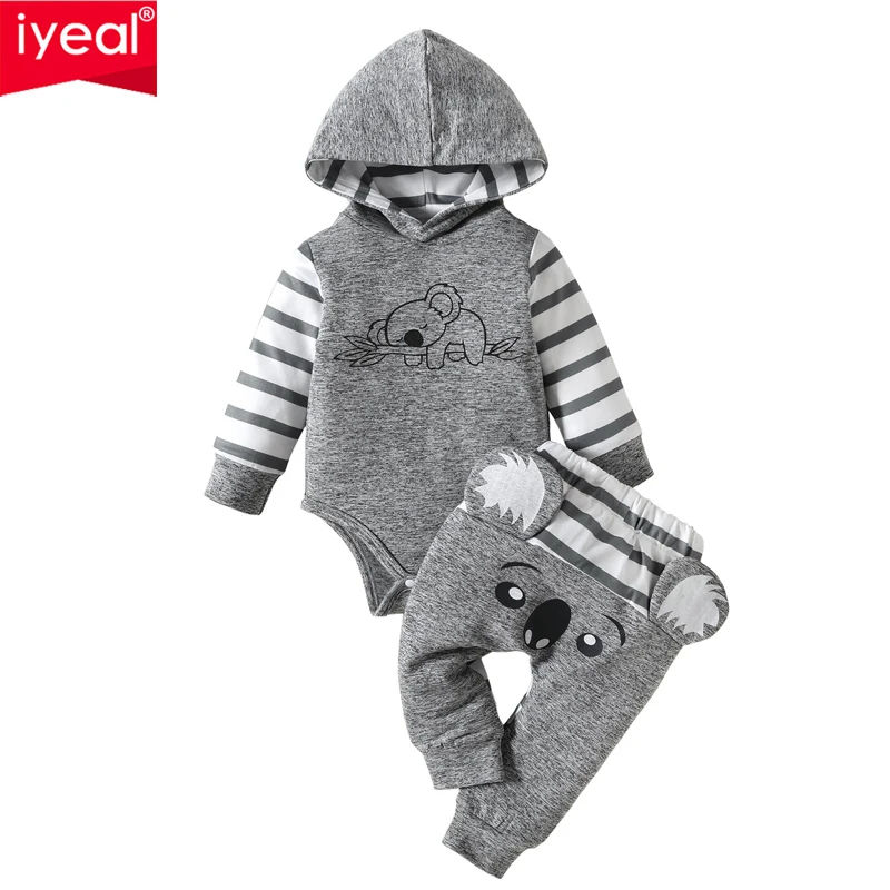 

IYEAL Autumn Baby Boys Koala Animal Stripe Printed Long sleeved Hooded jumpsuit+Pants 2-piece set Baby Boys Cotton Clothing