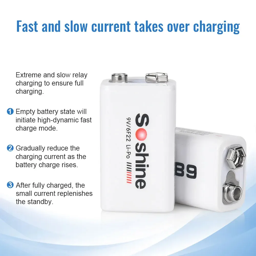 Soshine 9V 6F22 Rechargeable Battery Li-Po Lithium Battery for Smoke Alarm Multimeter Massager Electric Toy Flashlight Mouse