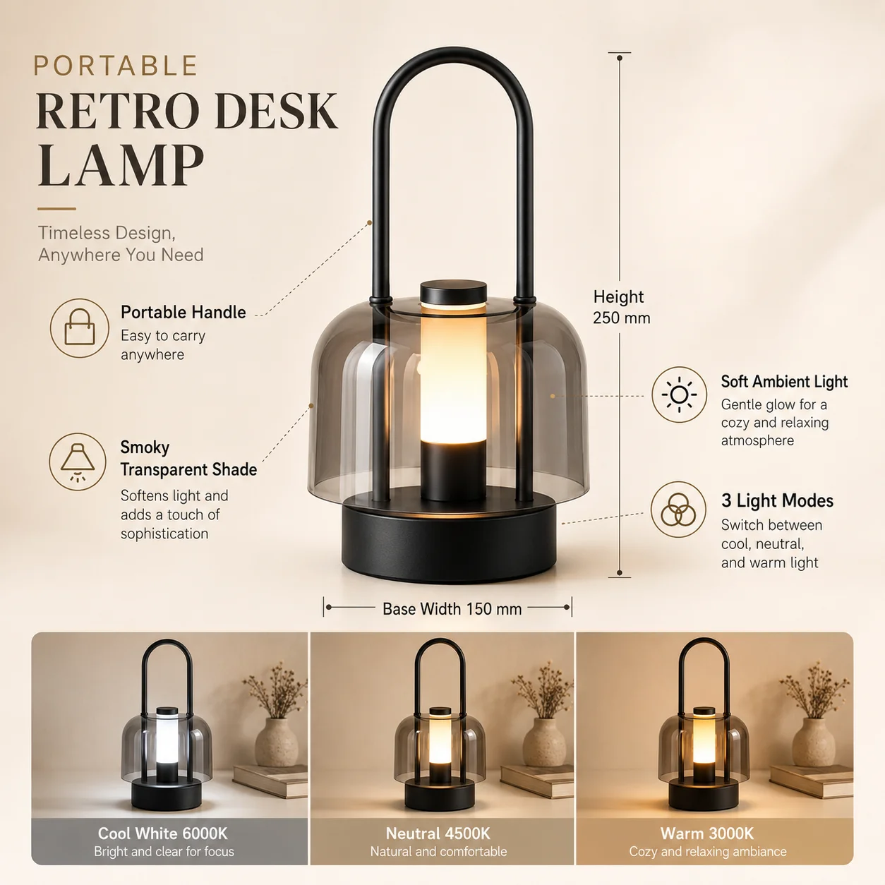 USB Rechargeable Nordic Desk Lamp, Portable Camping Light, Retro Modern Night Light for Bedroom Reading Decor