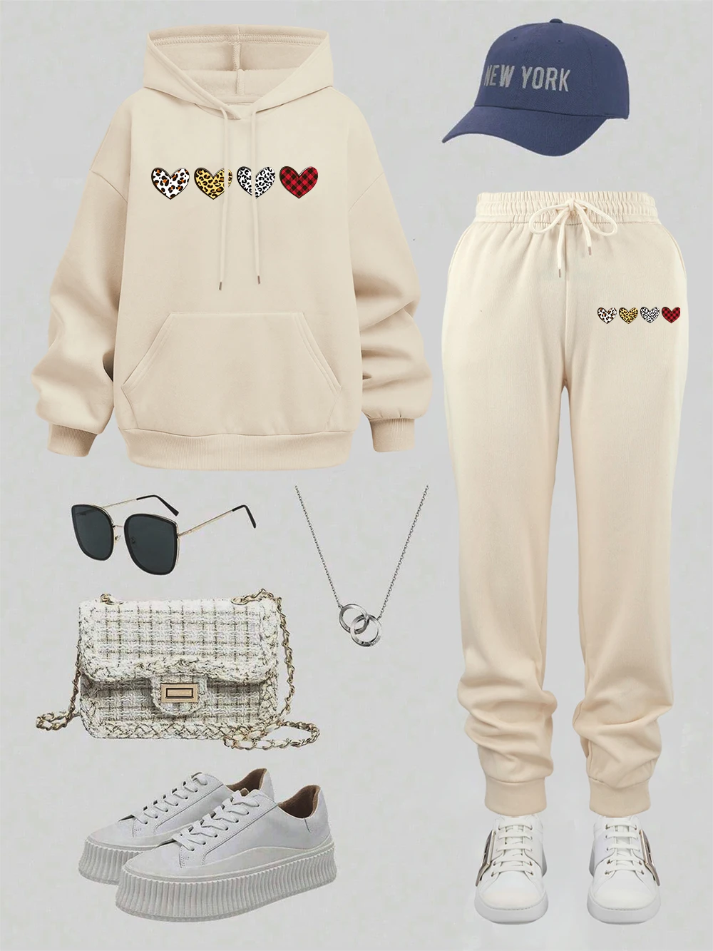 

2 Piece Hoodies Set Women Give You All My Heart Prints Sweatpantsautumn Fleece Pocket Pants Sweatshirts Casual Loose Clothes