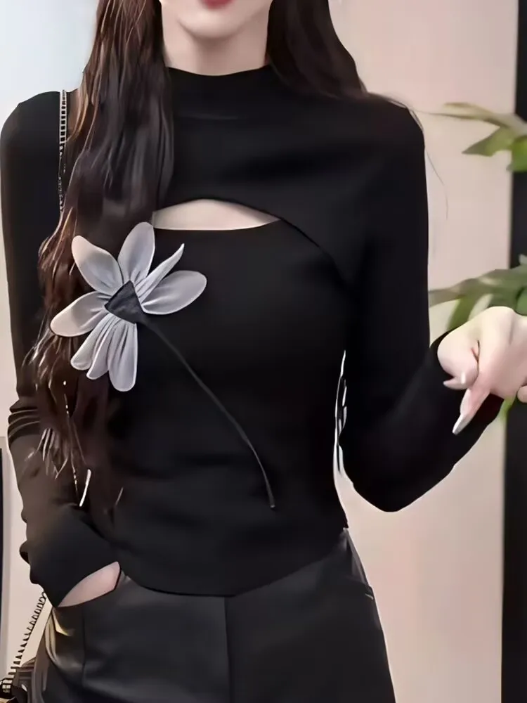 Long Sleeve T-shirt 2025 New Spring Autumn Women Hollow-out Base Shirt Female Sweet Blouses Half High Neck Pullover Top