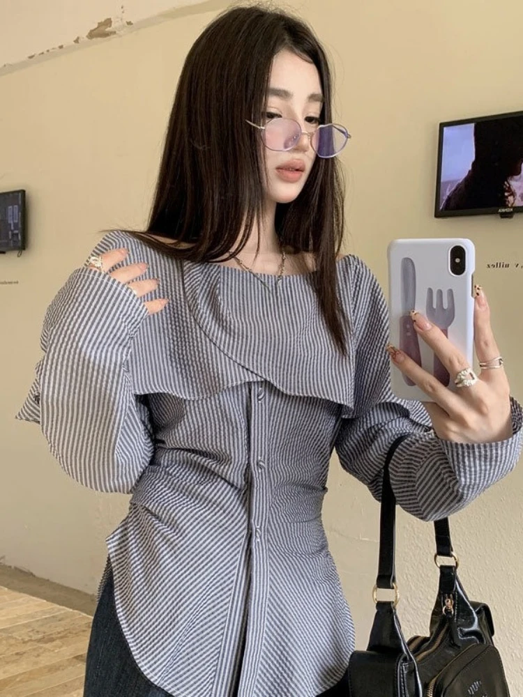 Y2k الجمالية مائل الرقبة شريط المرأة بلوزة خمر الجنية تكدرت الجرونج سليم صالح Blusas Harajuku واحدة الصدر مطوي قميص