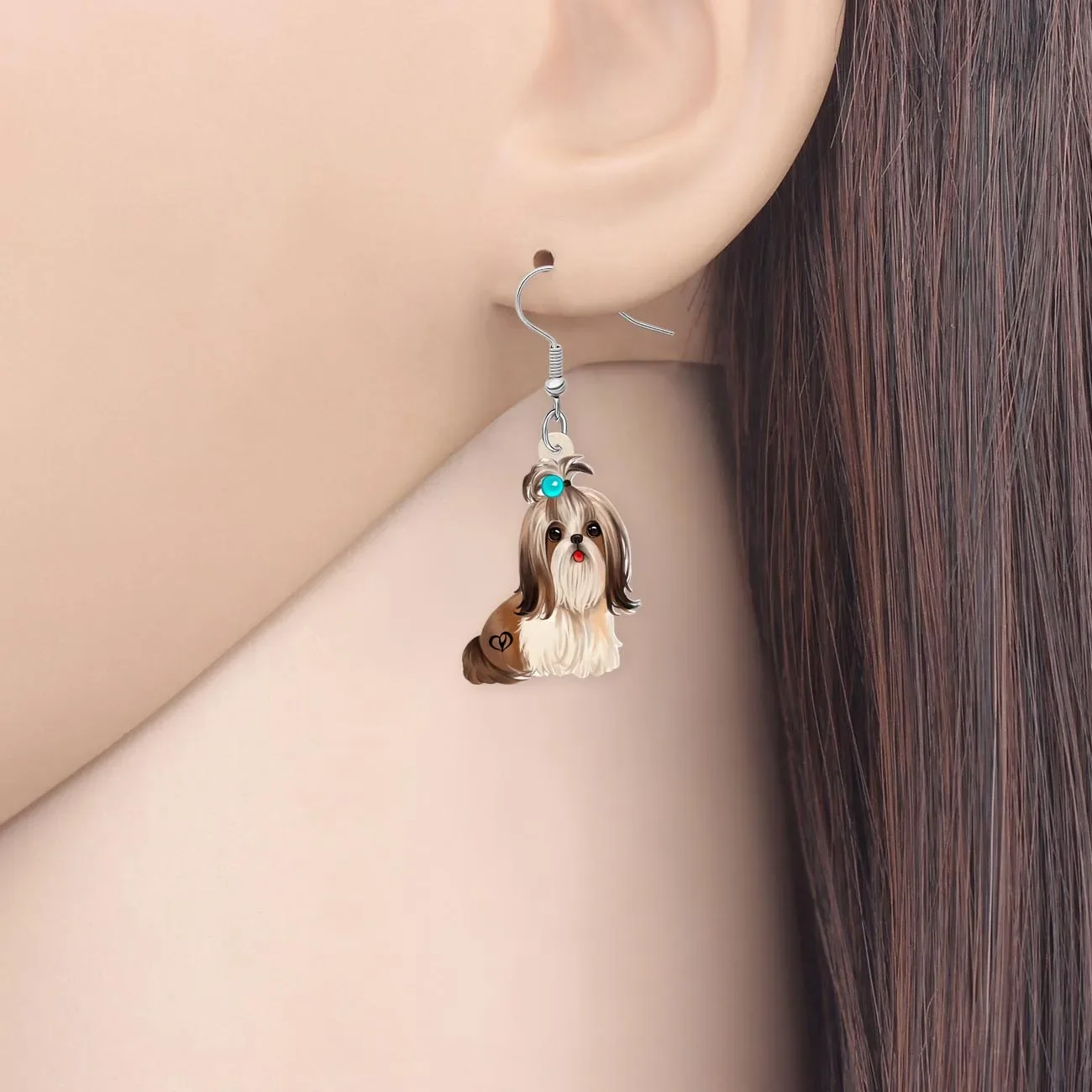 Bonsny Acrylic Plush Brown Shih Tzu Dog Earrings Drop Dangle Charms Puppy Jewelry Pets Gifts For Women Girls Friends