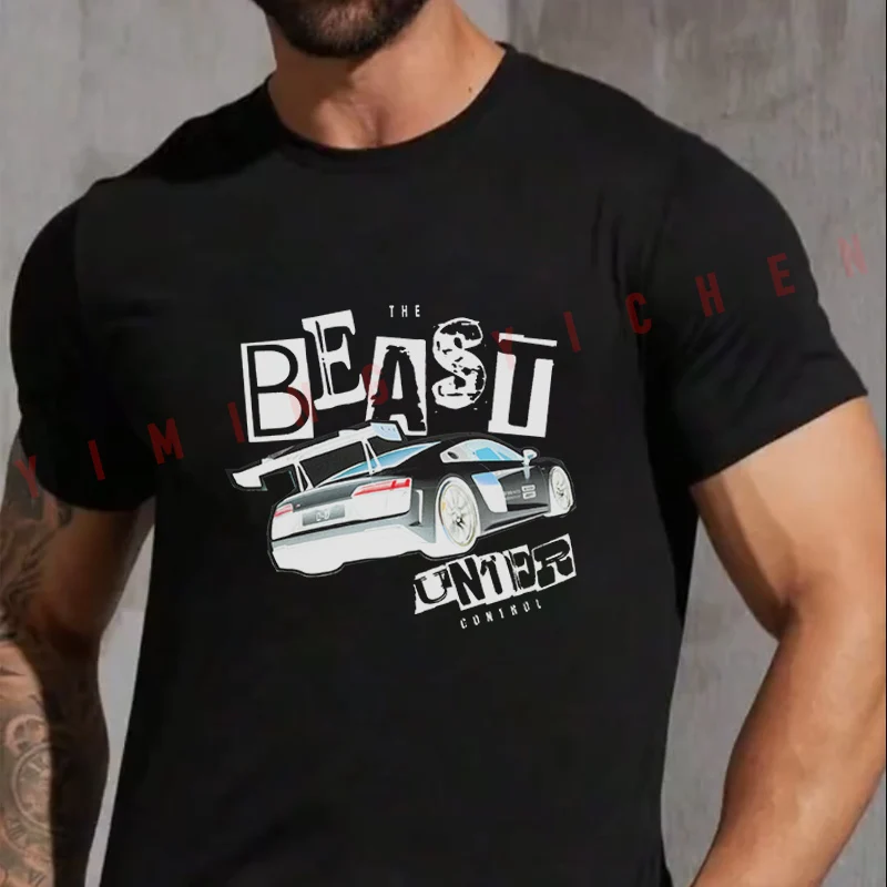 

Racing car with a phrase in newspaper cutout T-Shirt Men Summer Unisex Casual Short Sleeve Motorbike Tops
