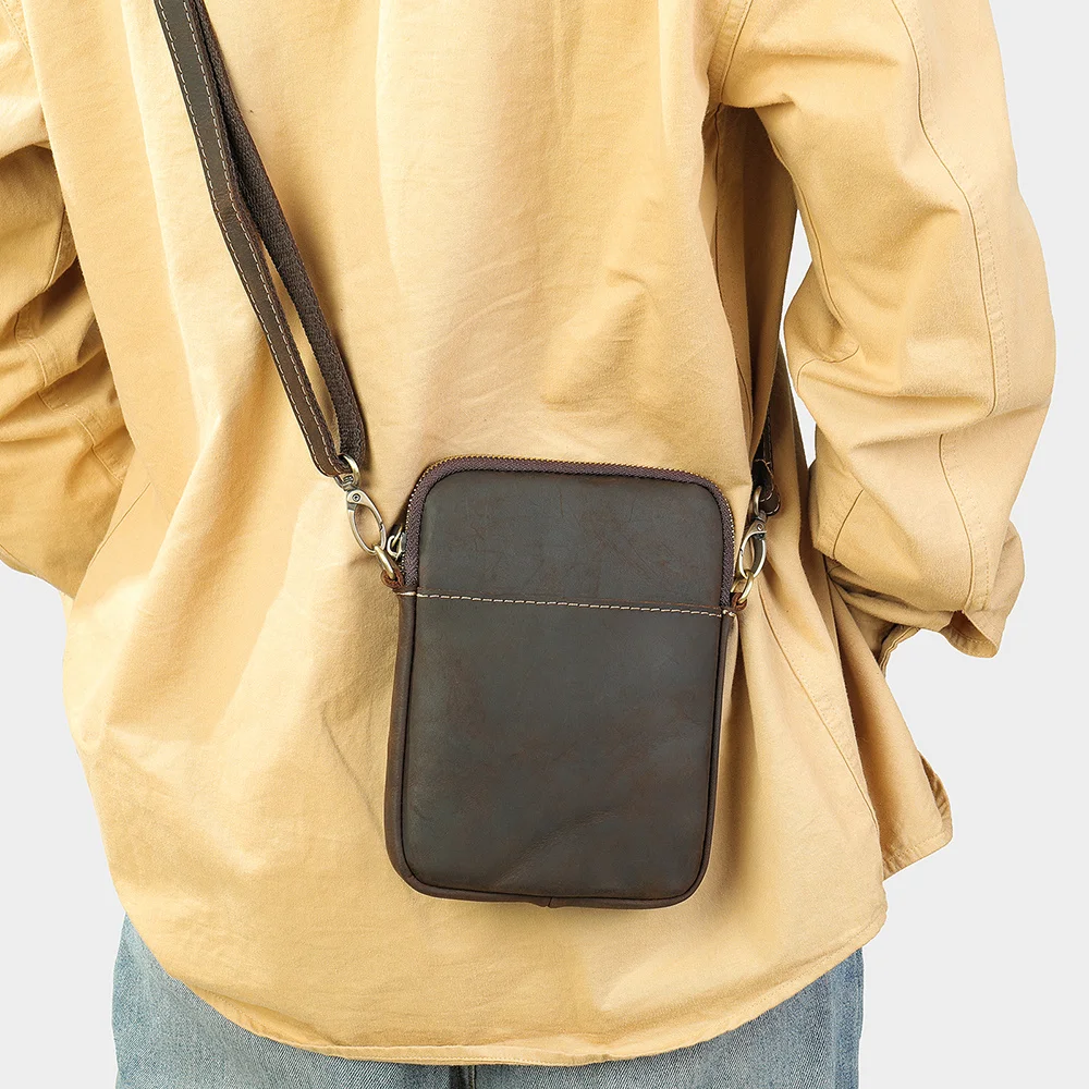 Koffie Heren Schoudertassen Koeienhuid Crossbody Tas Telefoon Portemonnee Echt Lederen Heren Klein Tasje Reisschool Cadeau Echtgenoot